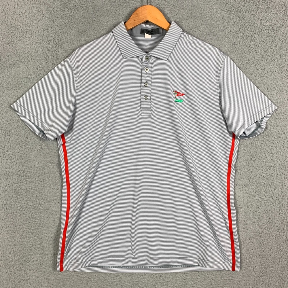 G/Fore LACC Los Angeles Country Club Polo Shirt Men's Large Gray/Red Stripe Golf